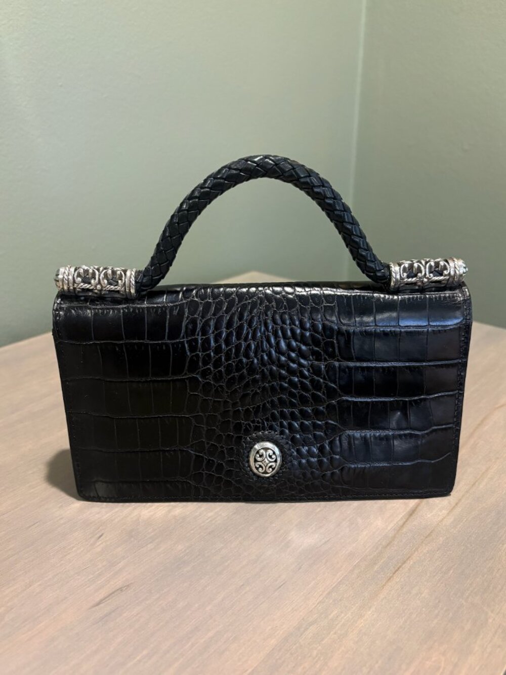 Brighton Black Croc Embossed Leather Top Handle Handbag Purse Silver Hardware